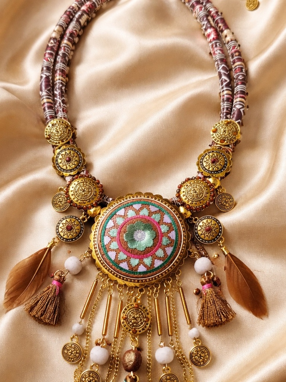 Girasol Boho Gold-Tone Multi-Color Embroidered Pendant Necklace